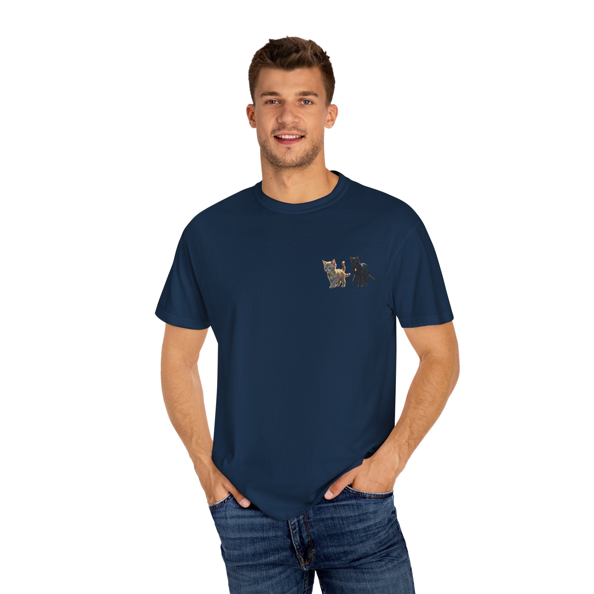 Enchanting Cat Moonlight T-Shirt | Unisex Garment-Dyed Tee, Cat Lover Gift, Pet Lover Apparel, Halloween or Birthday Gift, Cozy Casual Wear