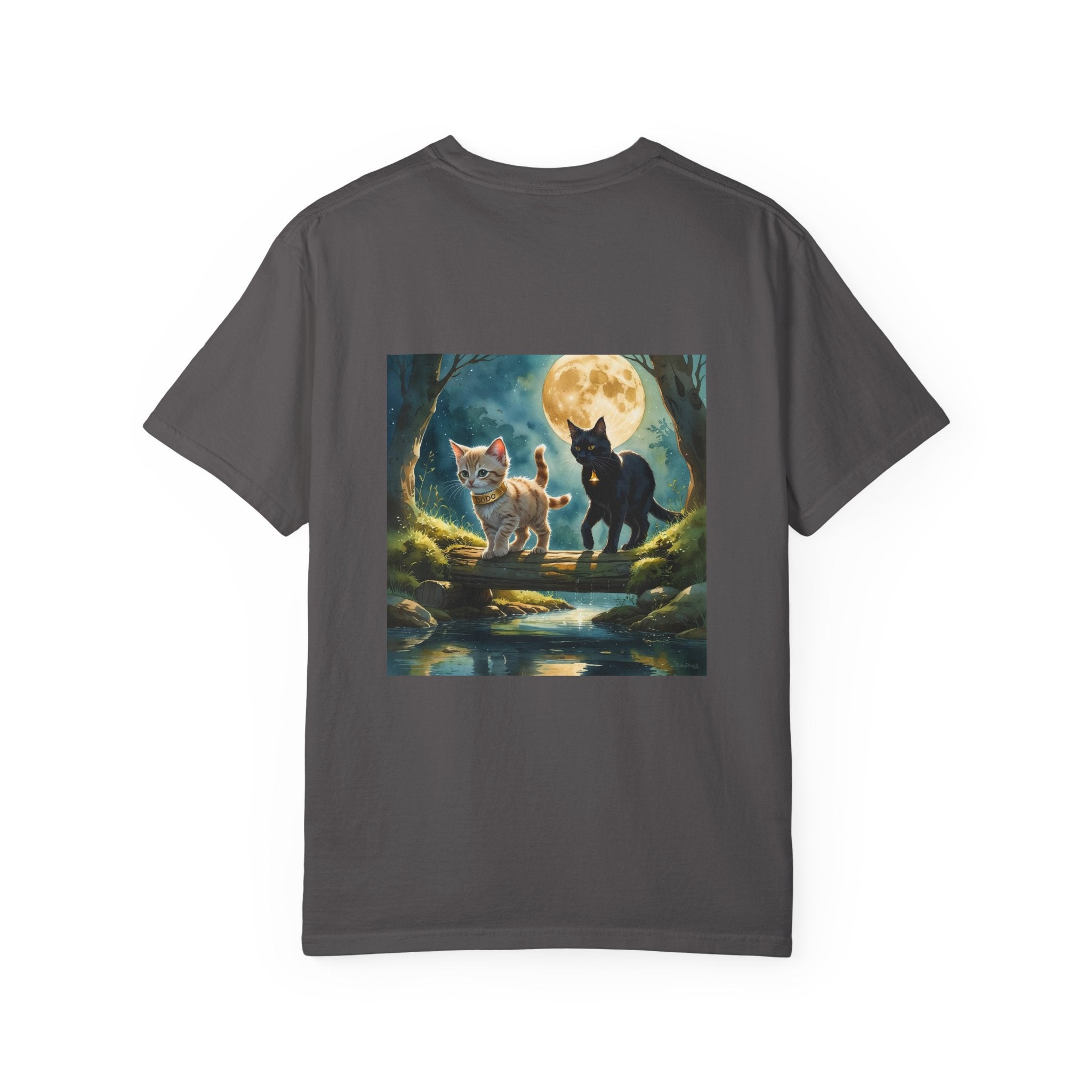 Enchanting Cat Moonlight T-Shirt | Unisex Garment-Dyed Tee, Cat Lover Gift, Pet Lover Apparel, Halloween or Birthday Gift, Cozy Casual Wear