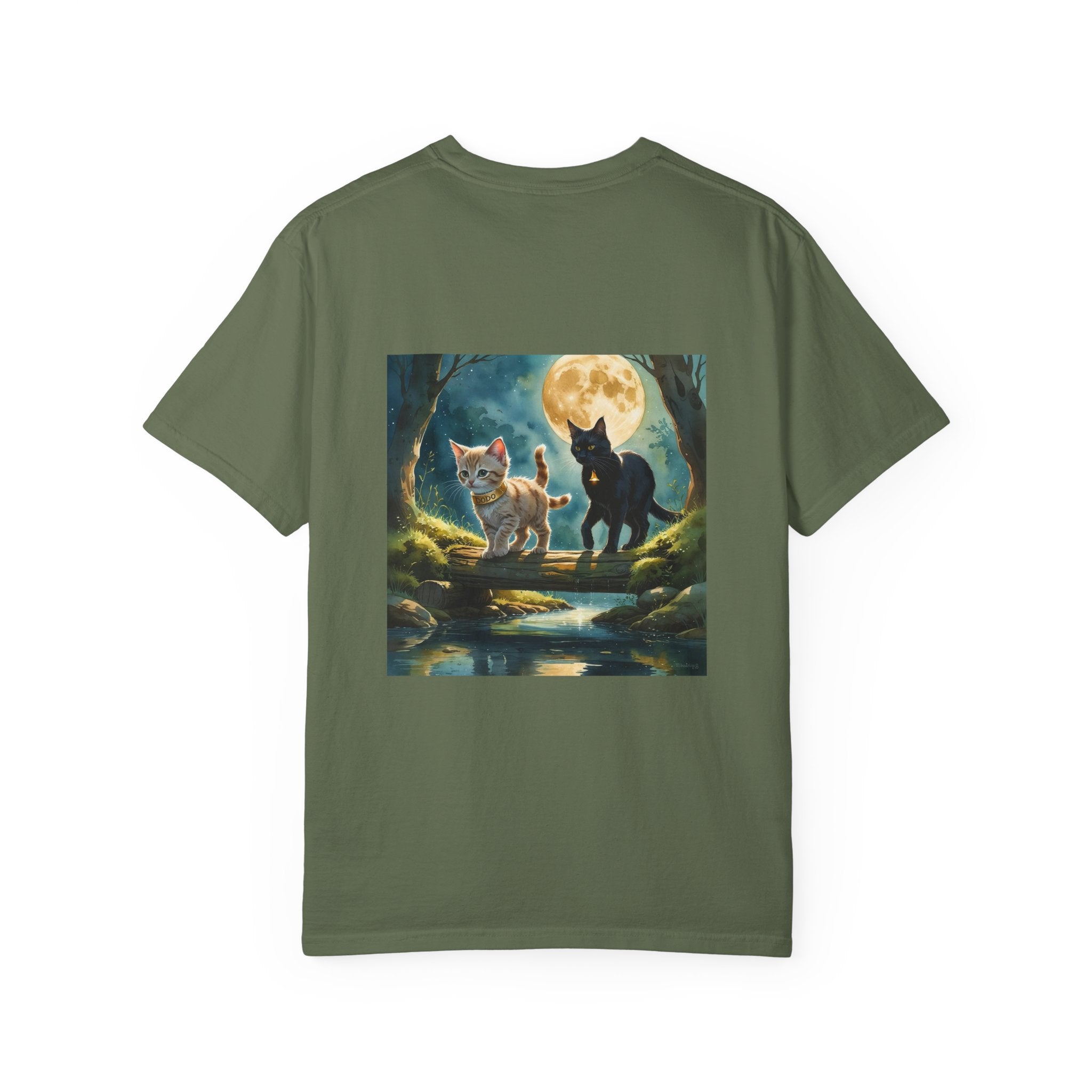 Enchanting Cat Moonlight T-Shirt | Unisex Garment-Dyed Tee, Cat Lover Gift, Pet Lover Apparel, Halloween or Birthday Gift, Cozy Casual Wear