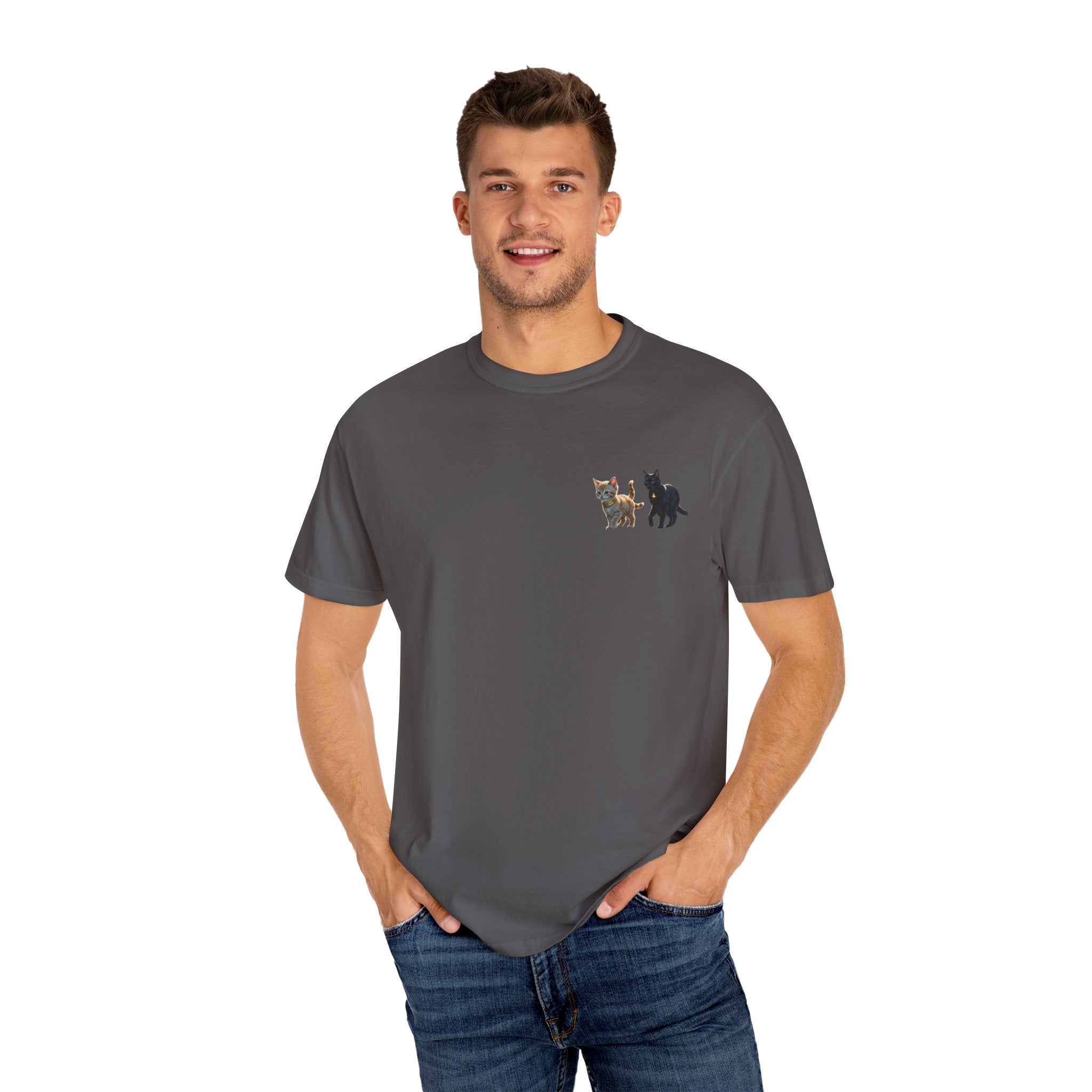 Enchanting Cat Moonlight T-Shirt | Unisex Garment-Dyed Tee, Cat Lover Gift, Pet Lover Apparel, Halloween or Birthday Gift, Cozy Casual Wear